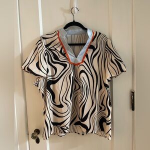 Black and white with light blue and orange details, Stripe print blouse